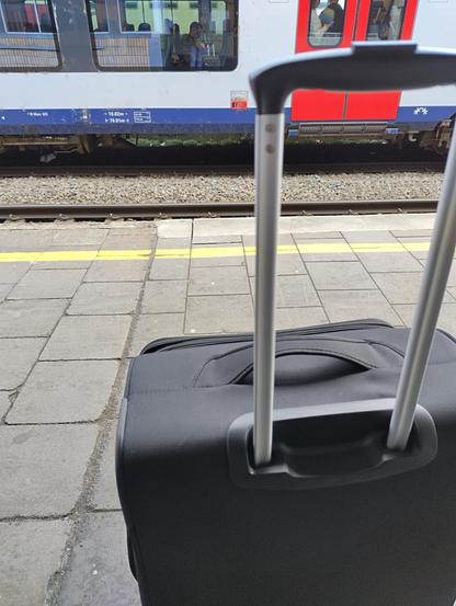 Photo of a suitcase on a platform with a train in the back. This is at Bruxelles-Midi station.